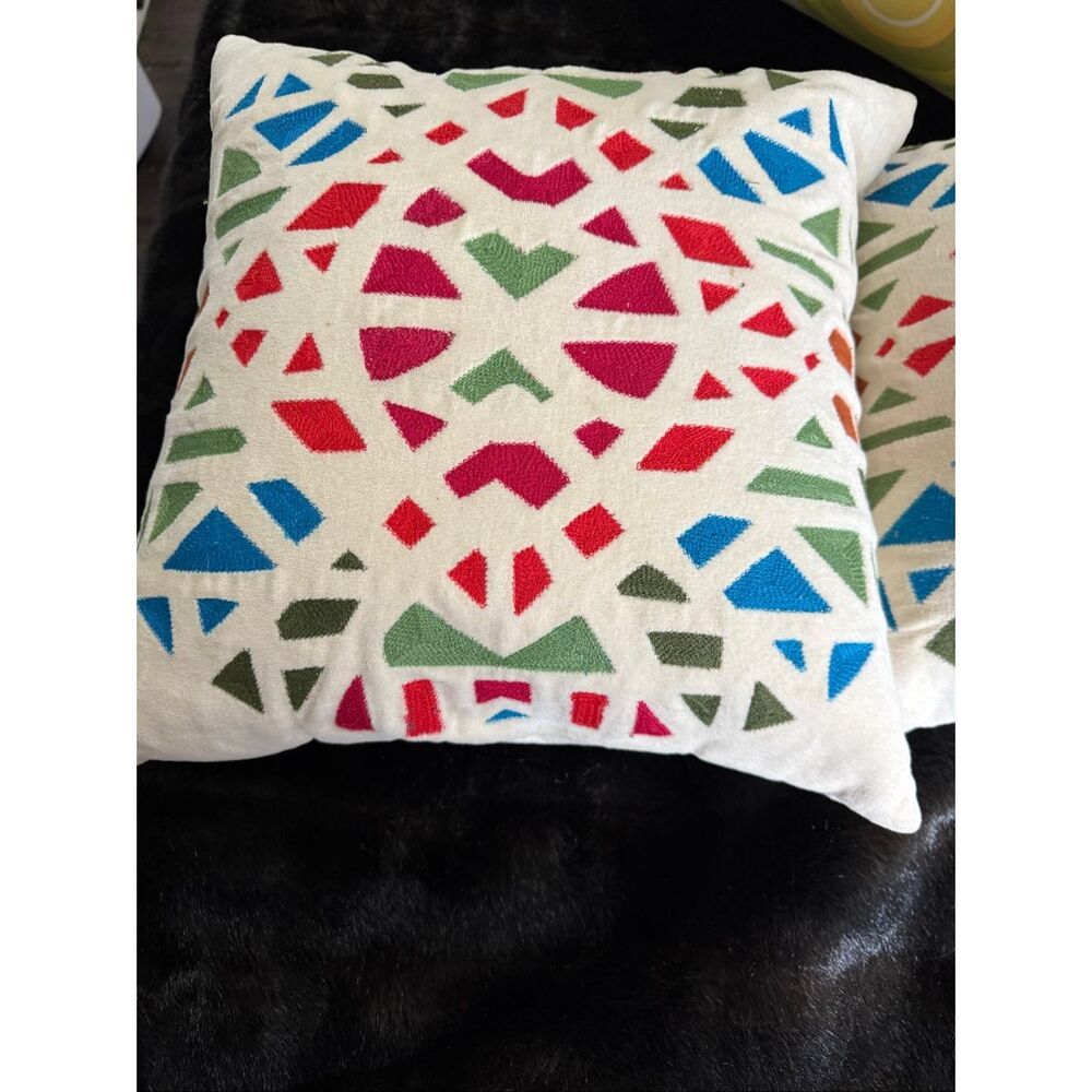 Crate & Barrel Geometric Jewel Tone Embroidered Pillow Holiday 16x16 x 2